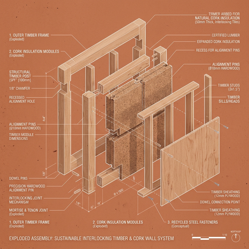 Exploded isometric diagram of interlocking timber frame and cork insulation board layout