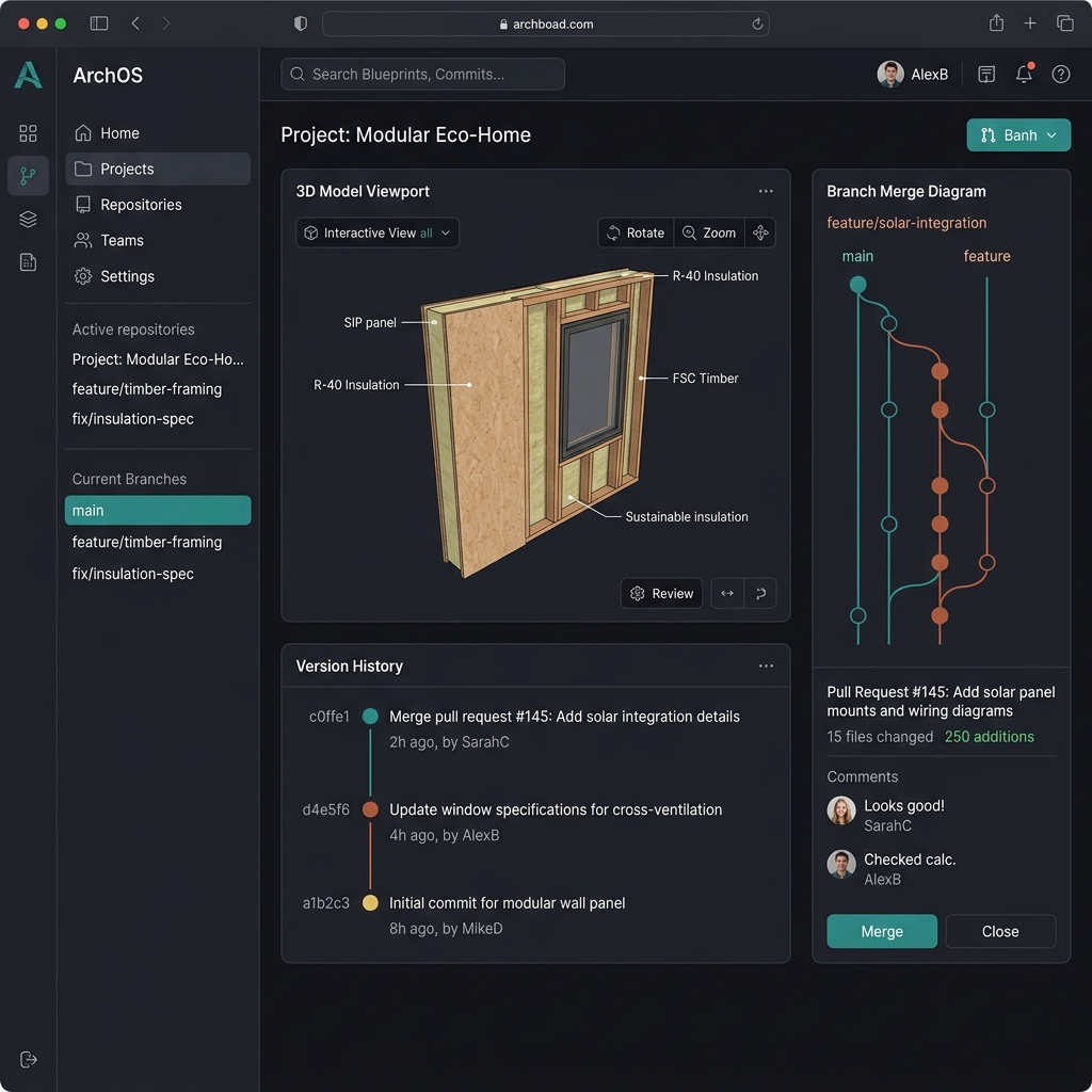 Git-style dashboard interface showing branch commits and a 3D modular wall panel preview